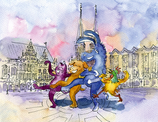 Postkarte Stadtmusikanten tanzen