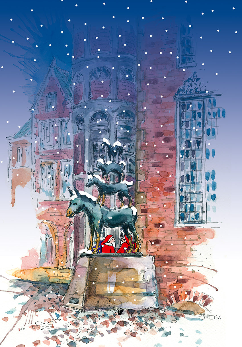 Postkarte Stadtmusikanten weihnachtlich