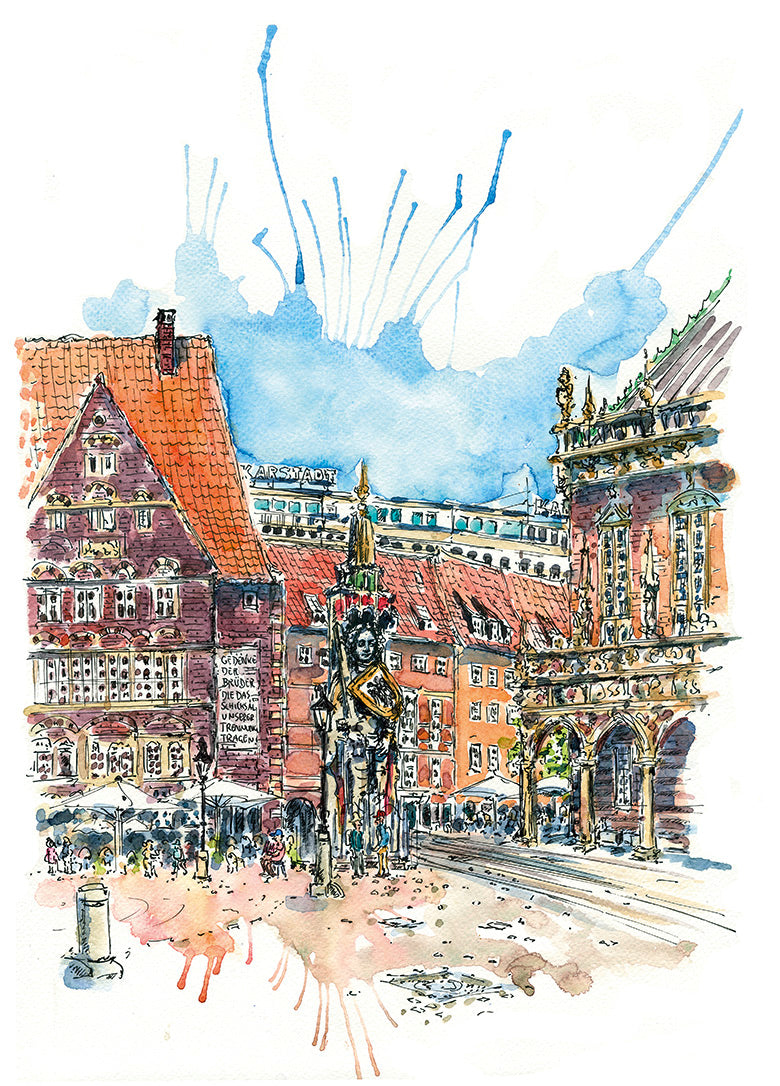 Postkarte Marktplatz mit Roland